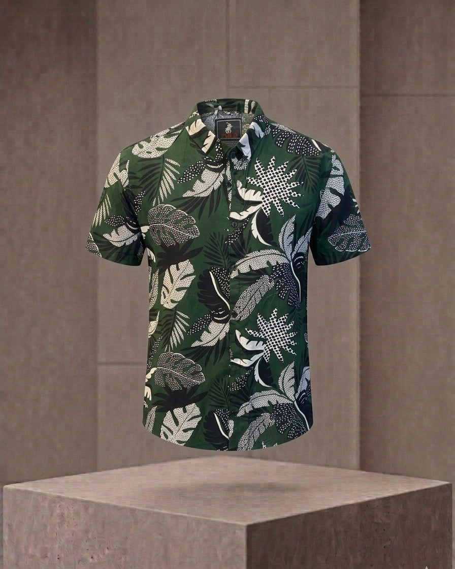 Men's Stipple-Dot Botanical Leaf Vacation Shirt – Forest Green