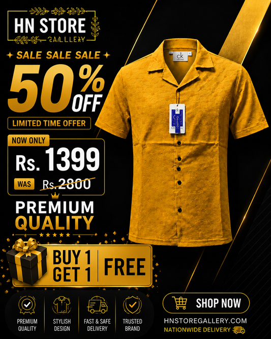 Men's Premium Jacquard Camp Collar Casual Shirt – Mustard Yellow
