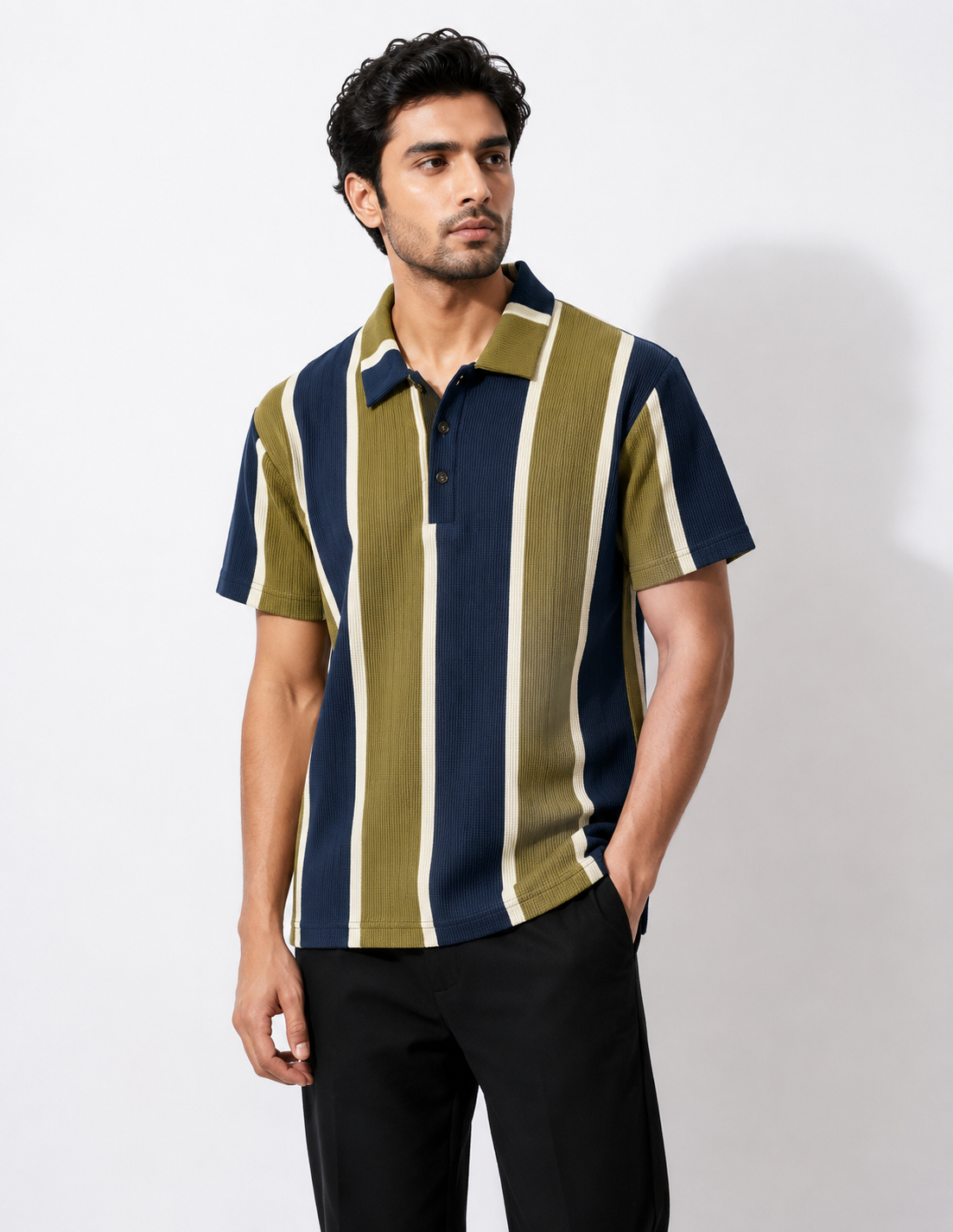 Men’s Premium Vertical Stripe Polo Shirt – Navy Blue & Olive Green