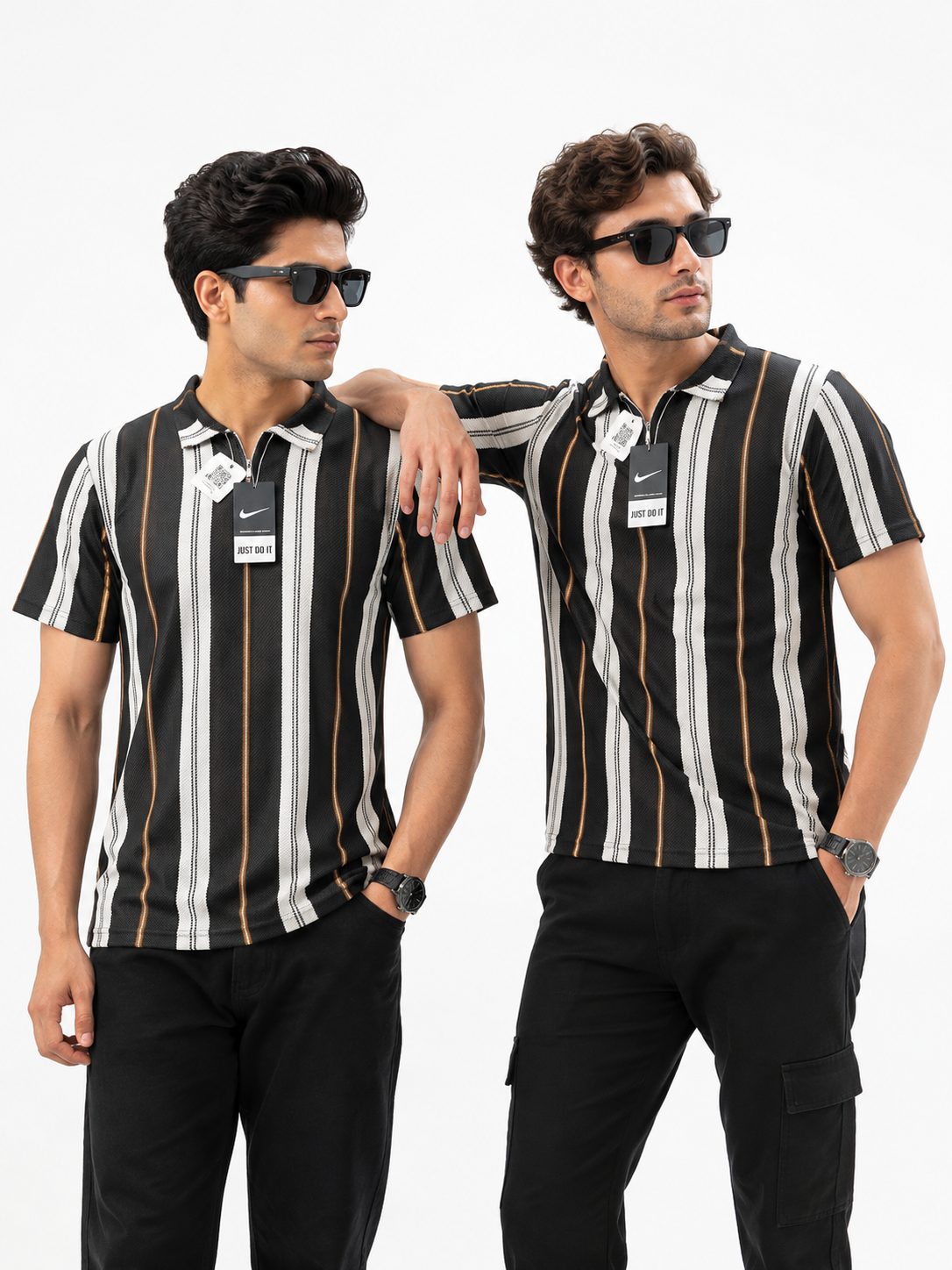 Men's Vintage Vertical Stripe Zip-Neck Polo Shirt