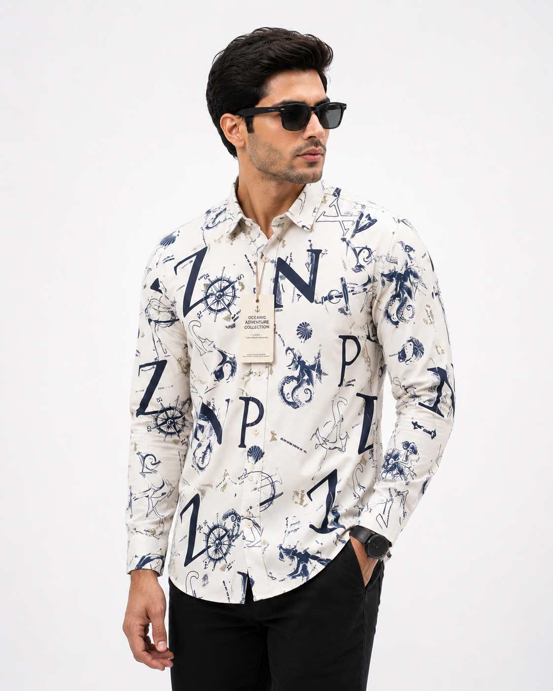 Men's Vintage Nautical Alphabet Print Long-Sleeve Shirt
