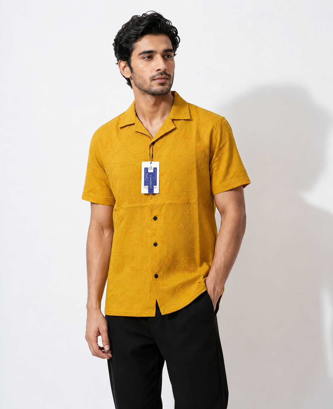 Men's Premium Jacquard Camp Collar Casual Shirt – Mustard Yellow