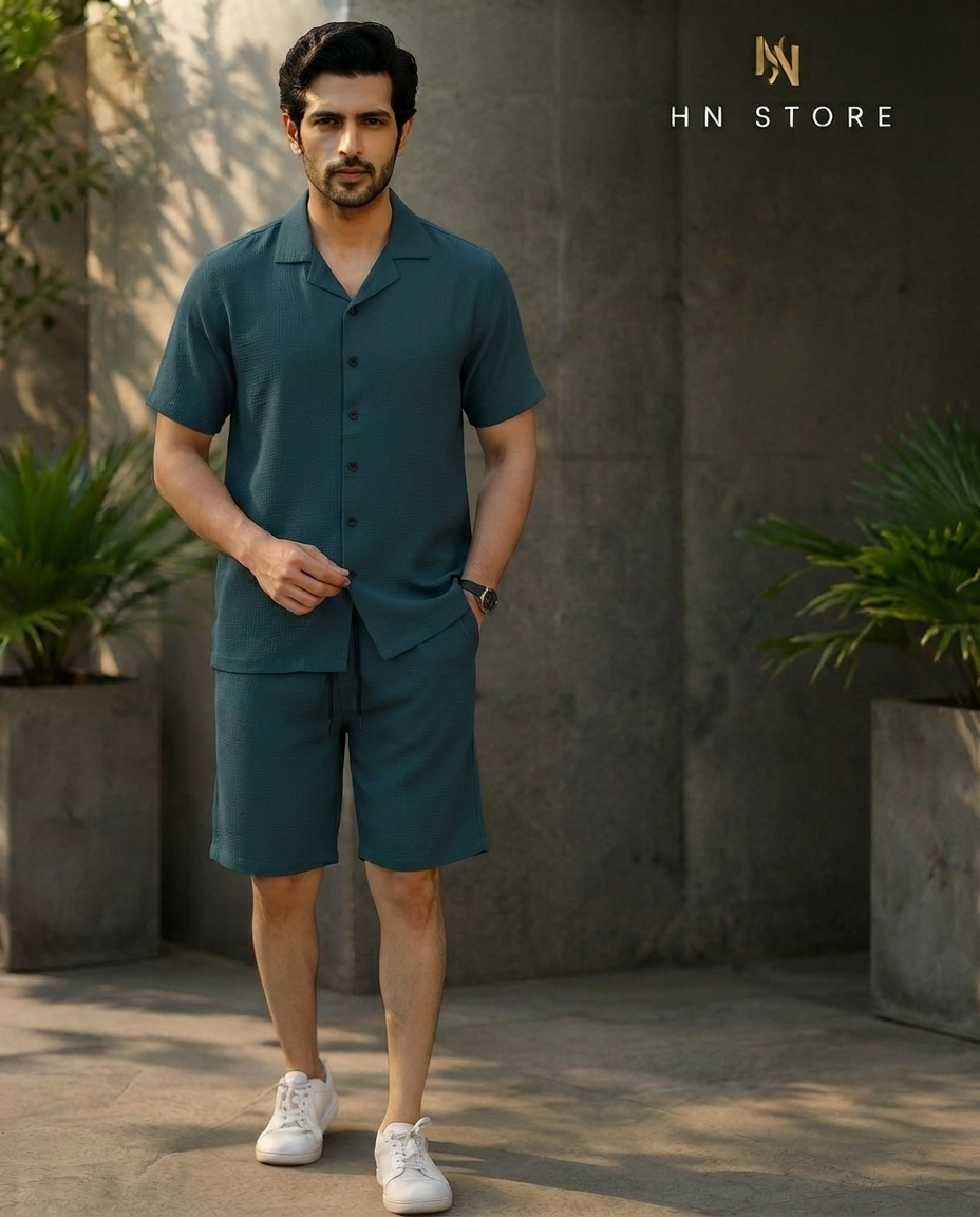 Men's Textured Cuban Collar Shirt & Shorts Co-ord Set – Brown