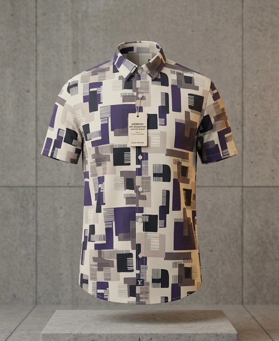 Geometric Art Print Abstract Short Sleeve Button-Down – Purple & Grey