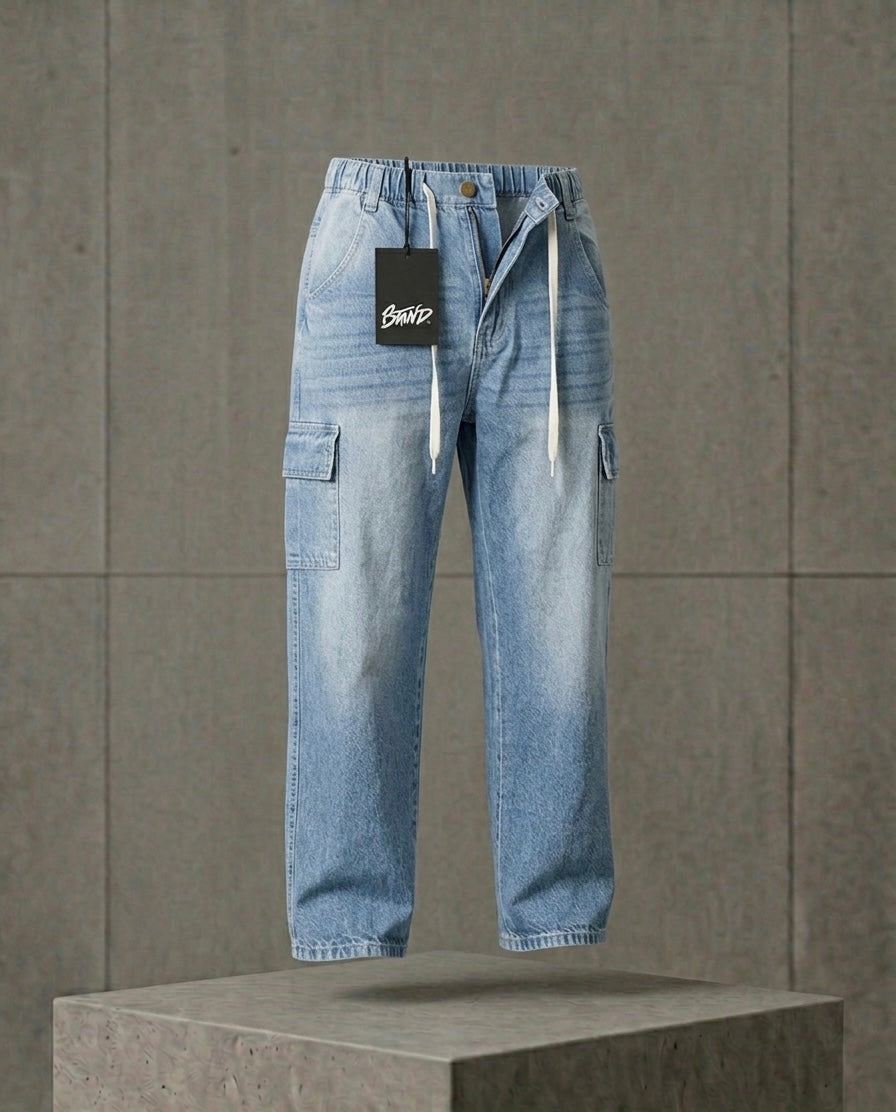 Premium Light-Wash Baggy Cargo Jeans