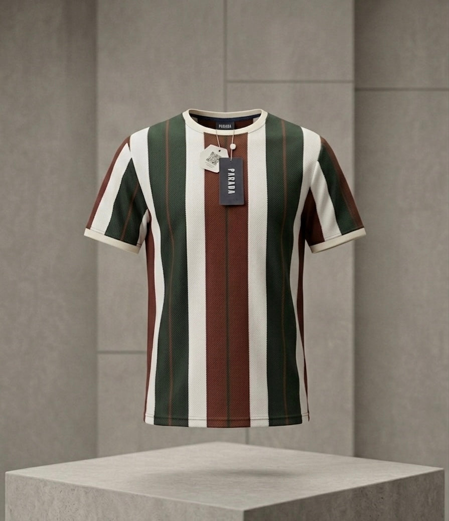 Retro Vertical Stripe Textured Knit Crewneck T-Shirt