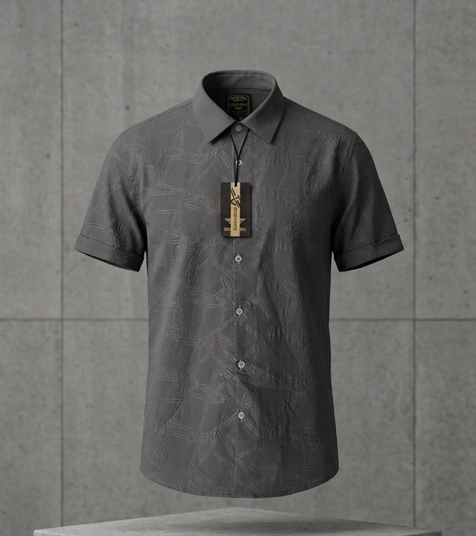 Men's Embossed Crinkle-Texture Short-Sleeve Casual Shirt – Charcoal Grey