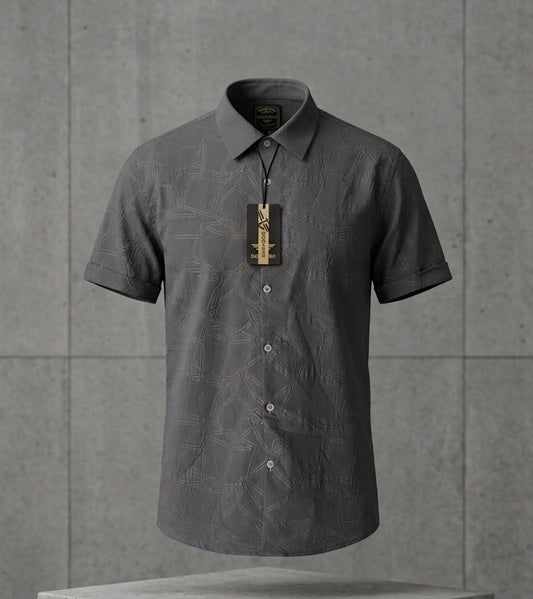 Men's Embossed Crinkle-Texture Short-Sleeve Casual Shirt – Charcoal Grey