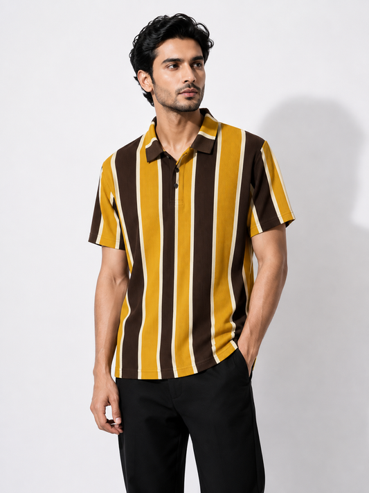 Men’s Premium Vertical Stripe Polo Shirt – Navy Blue & Olive Green