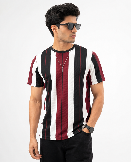 Retro Vertical Stripe Textured Knit Crewneck T-Shirt