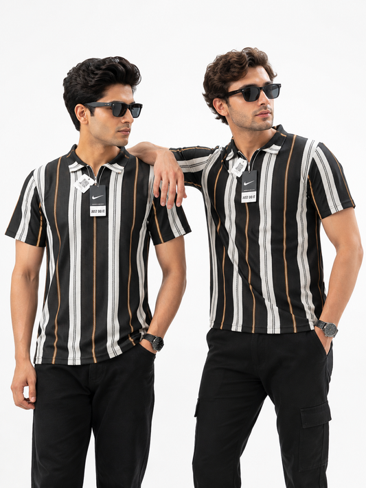 Men's Vintage Vertical Stripe Zip-Neck Polo Shirt