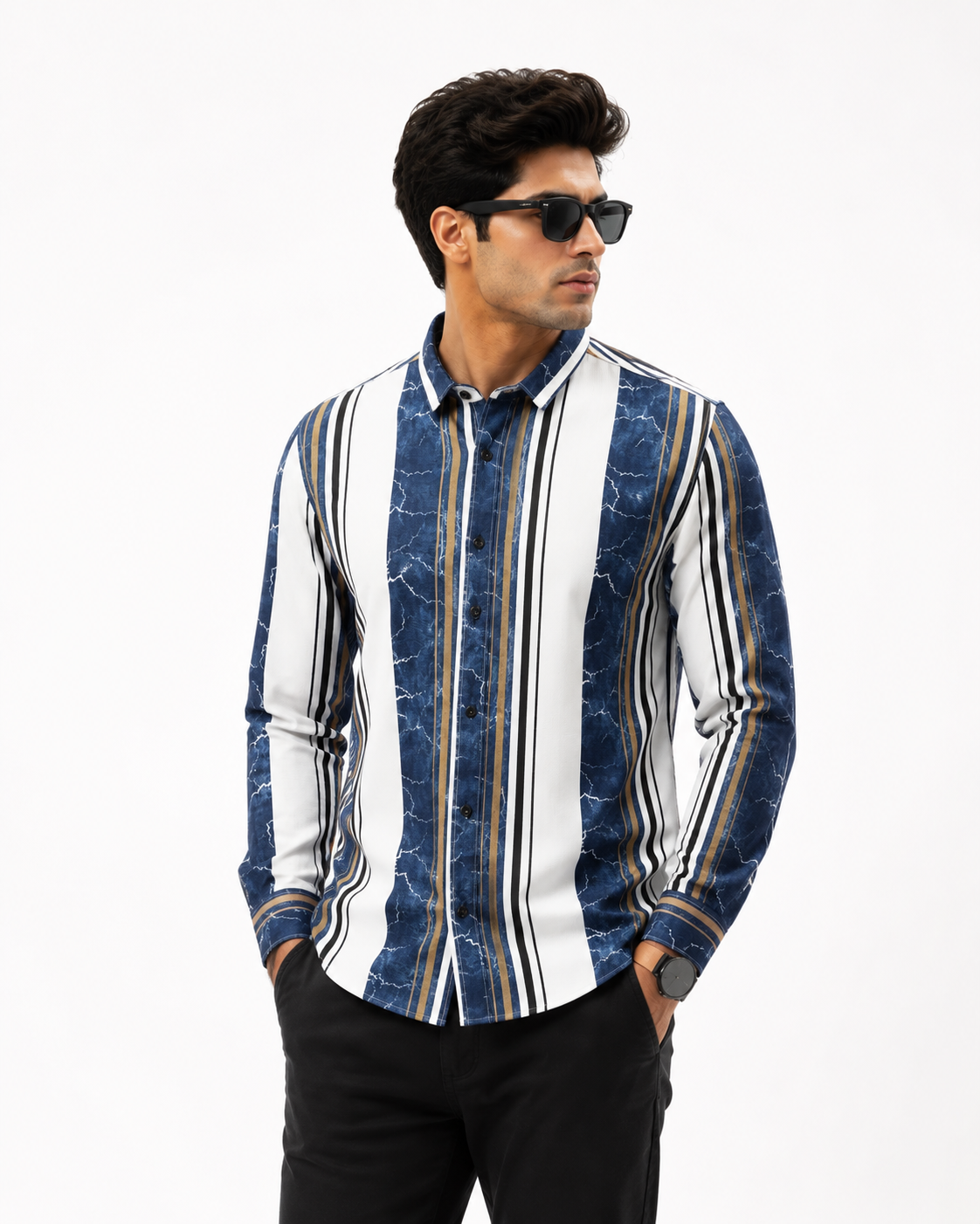 Men's Vertical Multi-Stripe Long-Sleeve Shirt with Lightning Texture