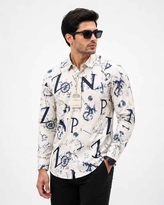 Men's Vintage Nautical Alphabet Print Long-Sleeve Shirt
