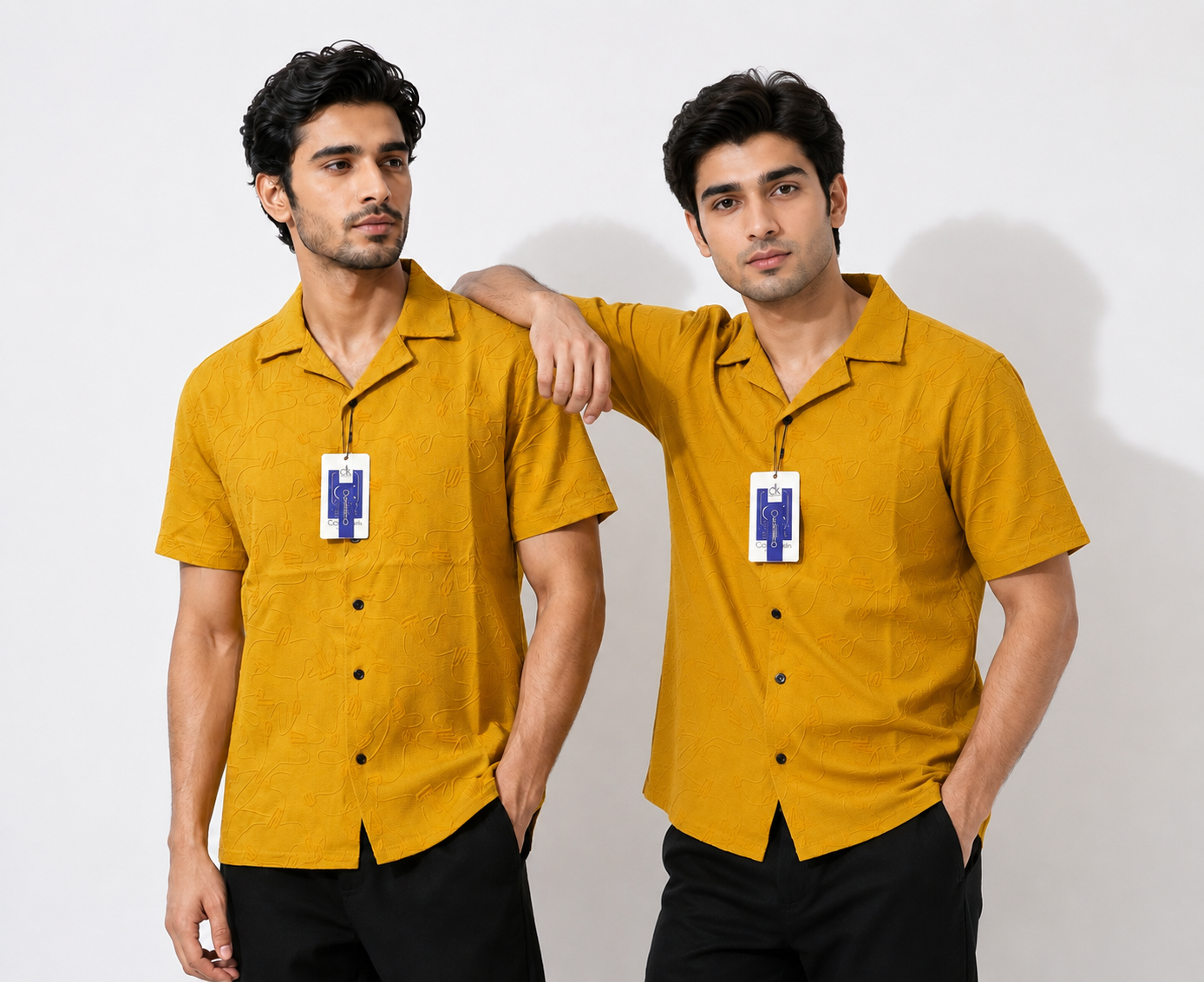 Men's Premium Jacquard Camp Collar Casual Shirt – Mustard Yellow