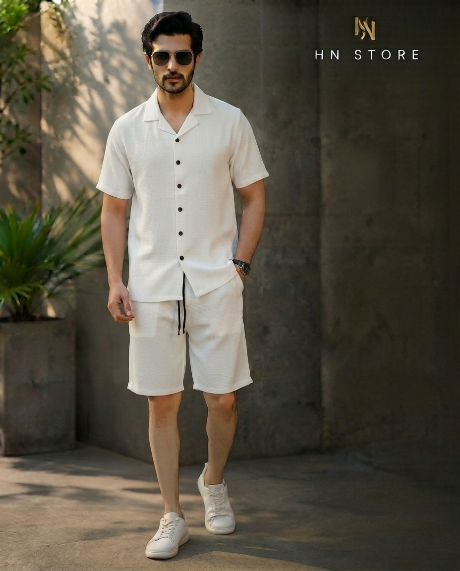 Men's Textured Cuban Collar Shirt & Shorts Co-ord Set – Brown