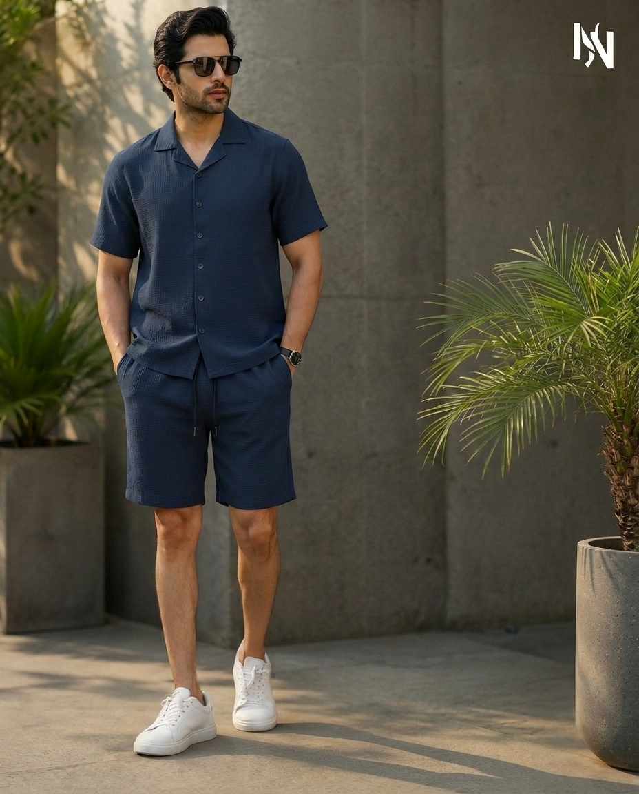 Men's Textured Cuban Collar Shirt & Shorts Co-ord Set – Brown