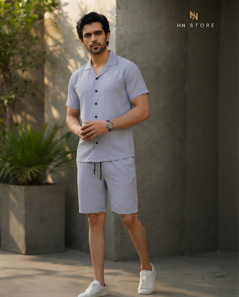 Men's Textured Cuban Collar Shirt & Shorts Co-ord Set – Brown