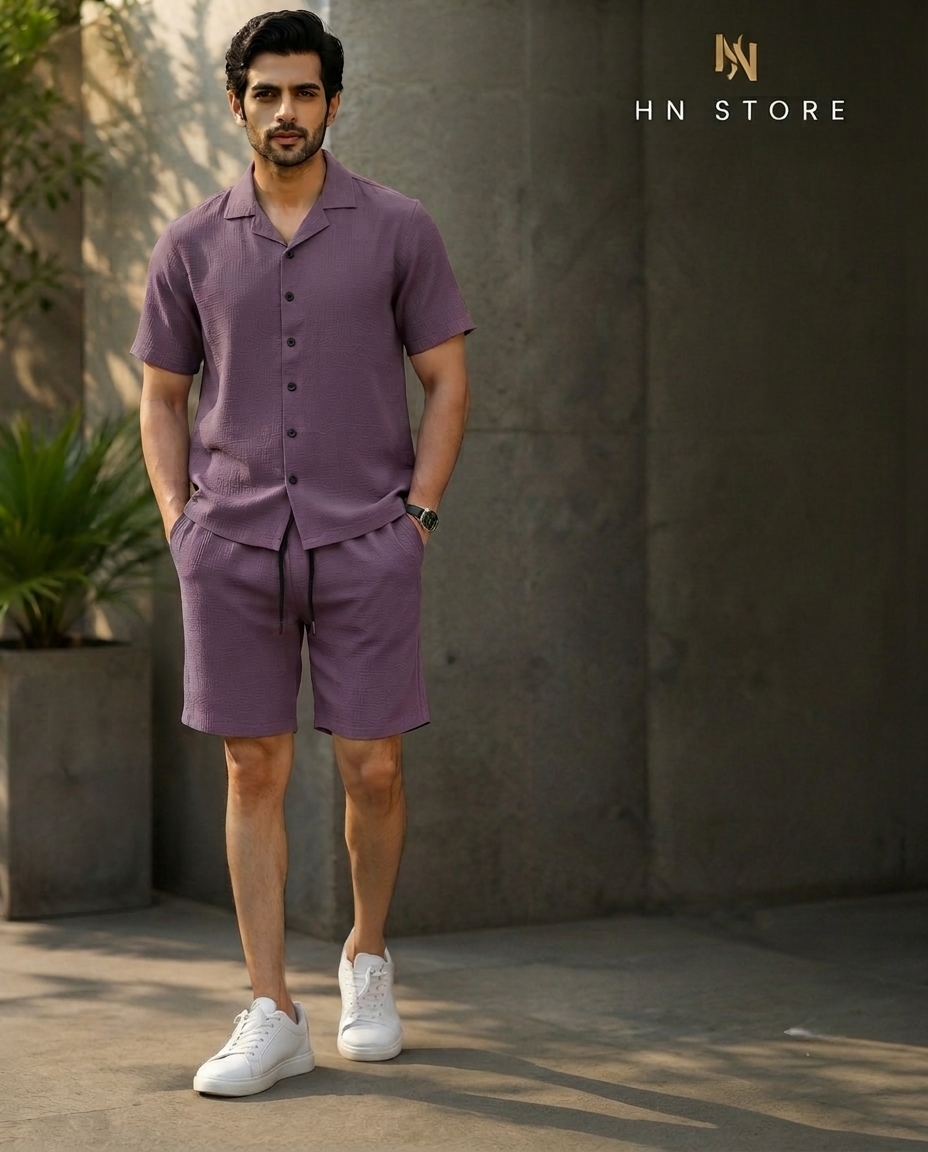 Men's Textured Cuban Collar Shirt & Shorts Co-ord Set – Brown