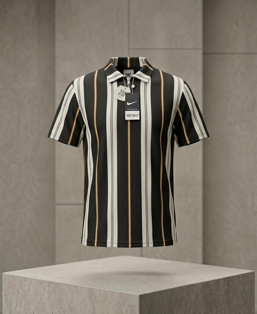 Men's Vintage Vertical Stripe Zip-Neck Polo Shirt