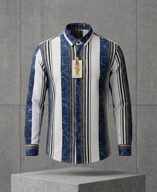Men's Vertical Multi-Stripe Long-Sleeve Shirt with Lightning Texture