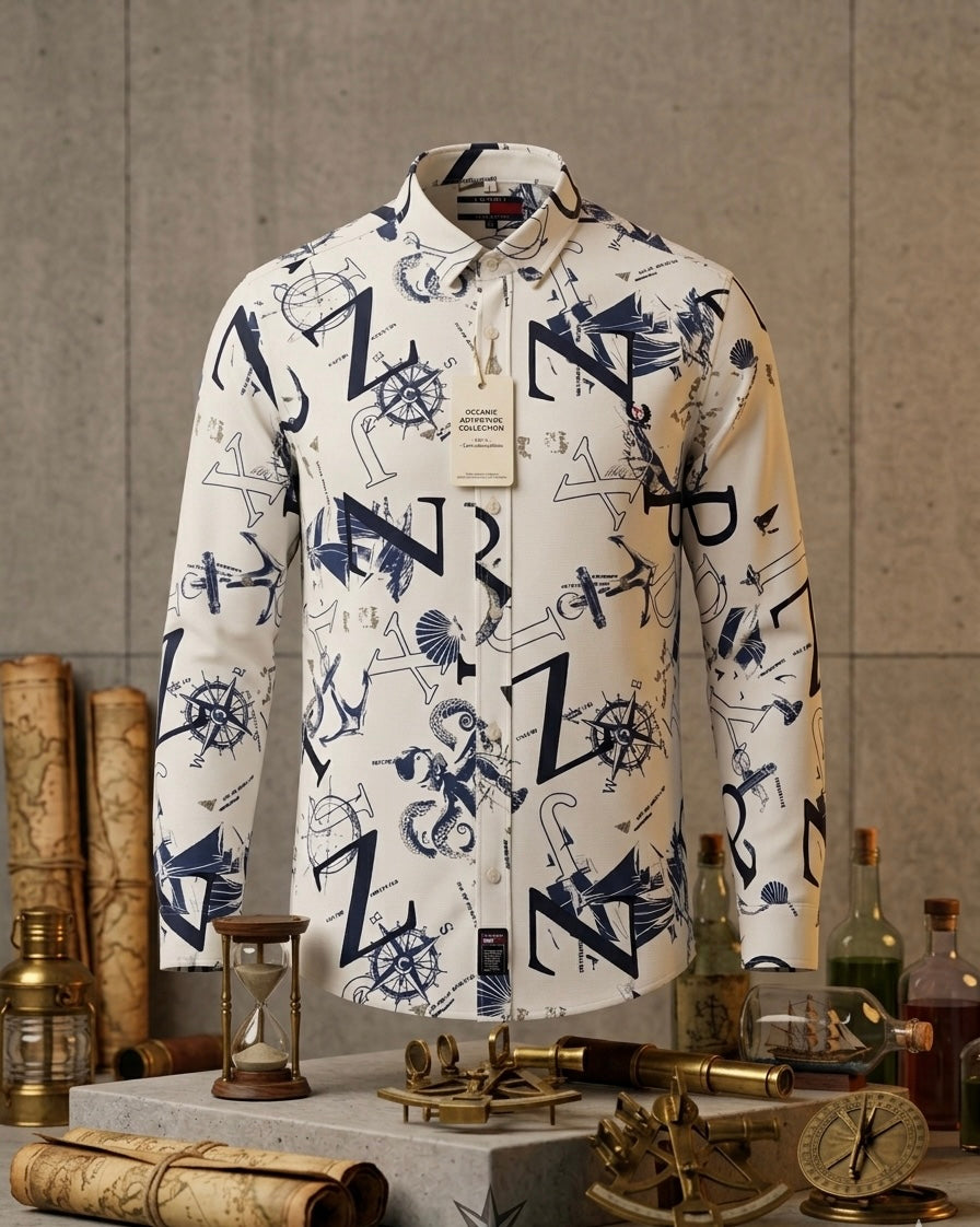Men's Vintage Nautical Alphabet Print Long-Sleeve Shirt