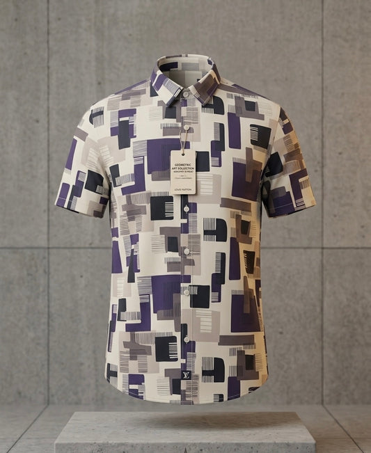 Geometric Art Print Abstract Short Sleeve Button-Down – Purple & Grey