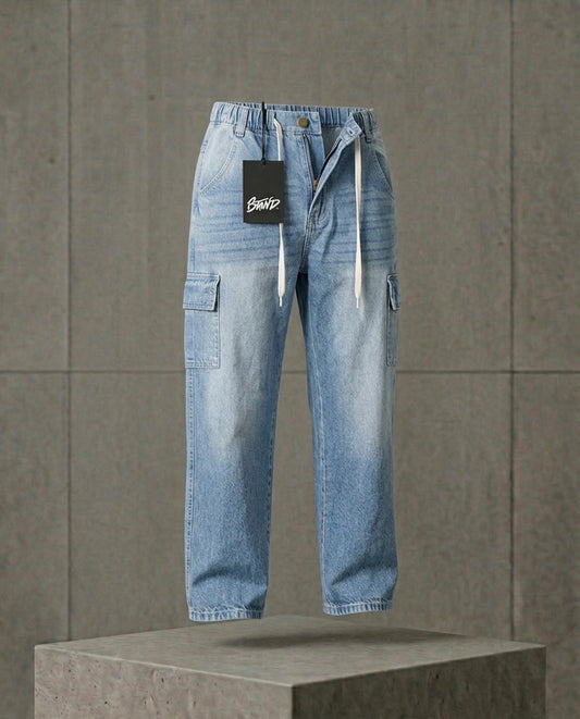 Premium Light-Wash Baggy Cargo Jeans